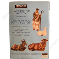 Thumbnail for Kirkland Signature Hand-Painted Nativity set box back showing shepherd, ox, donkey, and lamb figurines