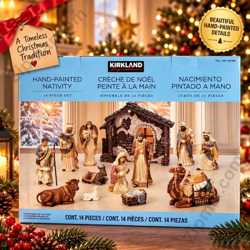 Kirkland Signature Hand-Painted Nativity 14-piece set box front view