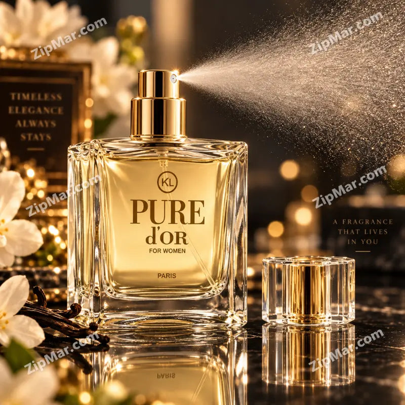 KL Pure d’Or for Women Paris perfume in a clear square bottle with gold liquid, spraying beside the clear cap