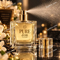 Thumbnail for KL Pure d’Or for Women Paris perfume in a clear square bottle with gold liquid, spraying beside the clear cap