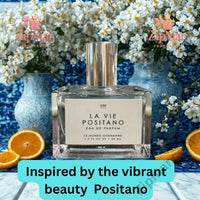 Thumbnail for La Vie Positano EDP label showing Le Monde Gourmand No. 030, Eau de Parfum, 1.0 FL OZ / 30 mL warm amber background with floral and lemon elements