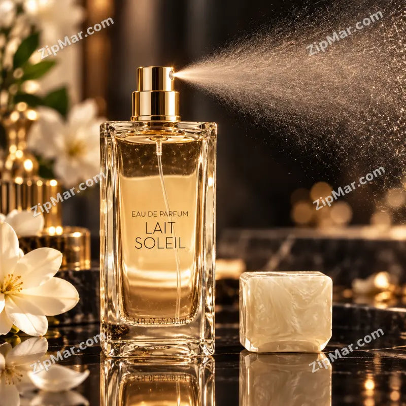 Lait Soleil eau de parfum 3.4 fl oz 100 ml glass bottle with gold atomizer spraying beside a pearl white cap