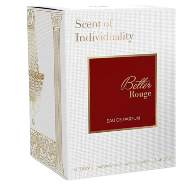 Close-up of the white textured packaging box for Lattafa Better Rouge perfume, showing the "Scent of Individuality" tagline and the red "Better Rouge" label.