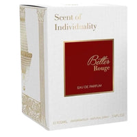 Thumbnail for Close-up of the white textured packaging box for Lattafa Better Rouge perfume, showing the 
