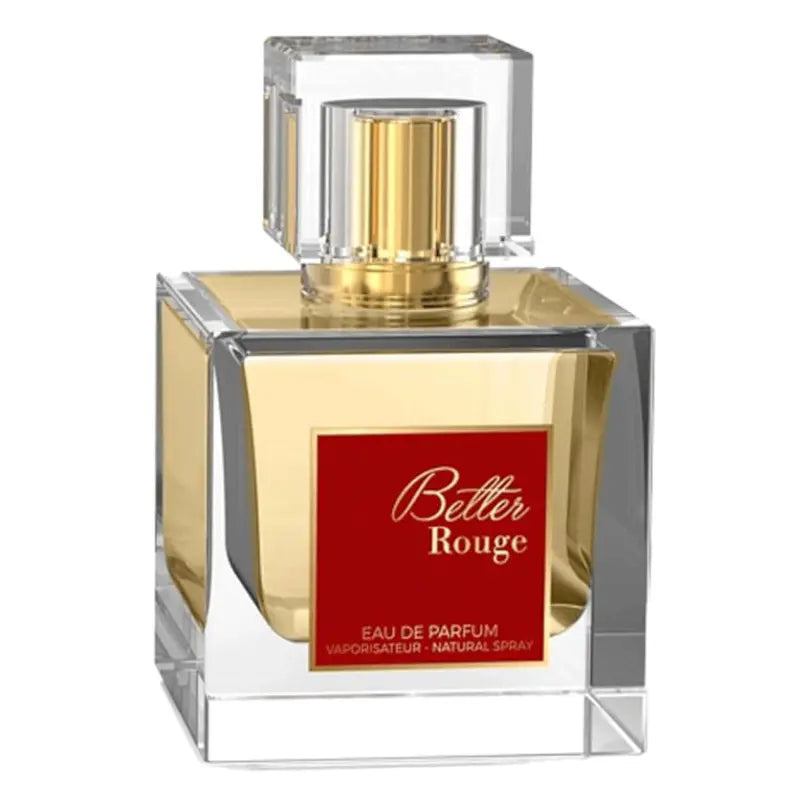 Close-up of the elegant square glass bottle of Lattafa Better Rouge Eau de Parfum, featuring the rich red label and clear square cap.
