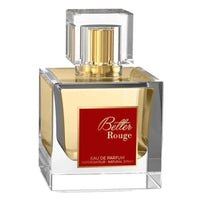 Thumbnail for Close-up of the elegant square glass bottle of Lattafa Better Rouge Eau de Parfum, featuring the rich red label and clear square cap.