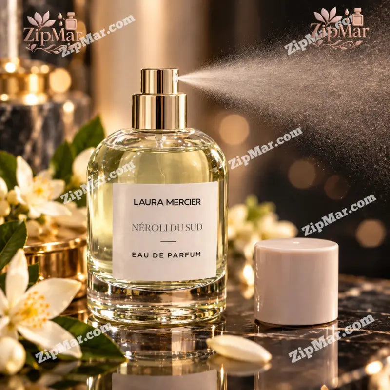 Laura Mercier Néroli du Sud Eau de Parfum bottle with cap off spraying a fine mist from the gold sprayer
