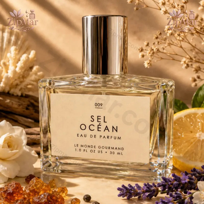 Front view of Sel Ocean EDP bottle set under palm leaf shadows on warm stone surface