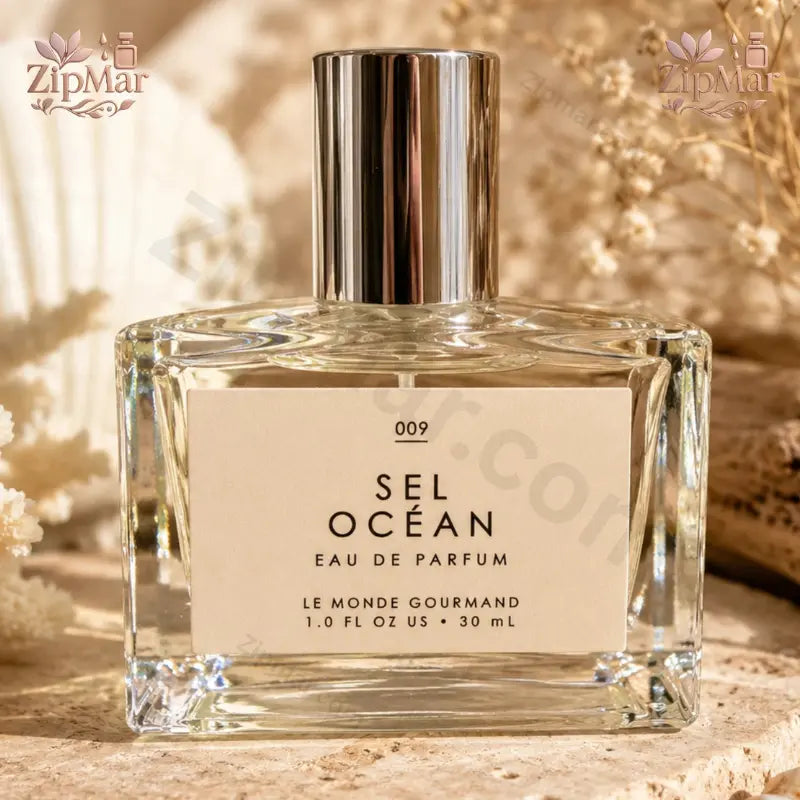 Front view of Le Monde Gourmand Sel Ocean EDP bottle against stylized turquoise water waves