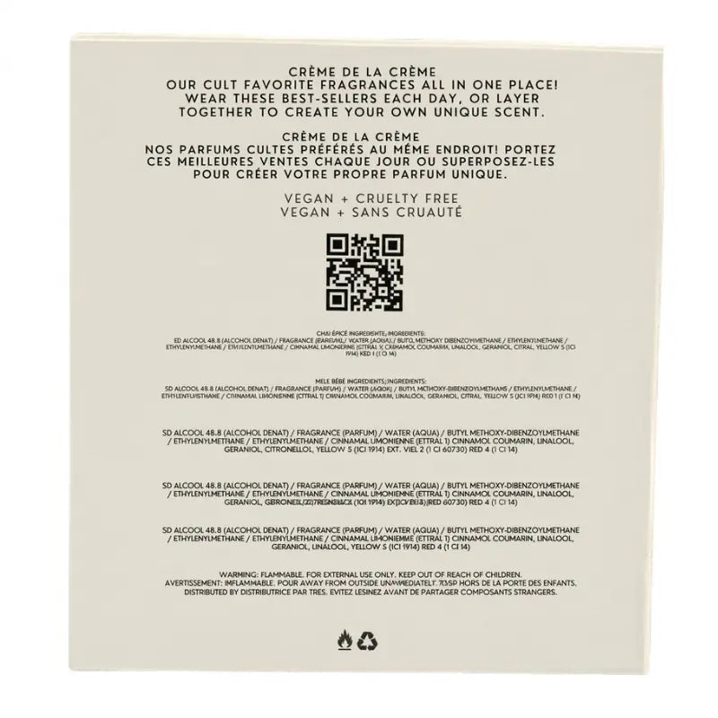 Le Monde Gourmand Crème de la Crème gift set back showing vegan cruelty free claim ingredient lists