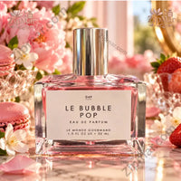 Thumbnail for Le Monde Gourmand Le Bubble Pop EDP 30ml back label showing full bilingual English French ingredients list with Tru Fragrance and Beauty LLC Willowbrook IL distributor and Made in USA with Foreign Components pink rose flower background