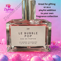 Thumbnail for Le Monde Gourmand Le Bubble Pop Eau de Parfum 30ml wide flat faceted clear glass bottle with vibrant pink liquid and silver chrome cap on soft pink satin white label showing 049 product code Le Bubble Pop EDP Le Monde Gourmand 1.0 fl oz 30ml clearly visible