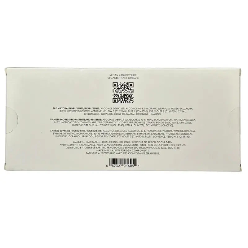 Le Monde Gourmand Le Petit Trio Set box back showing vegan cruelty free claim ingredient lists and barcode