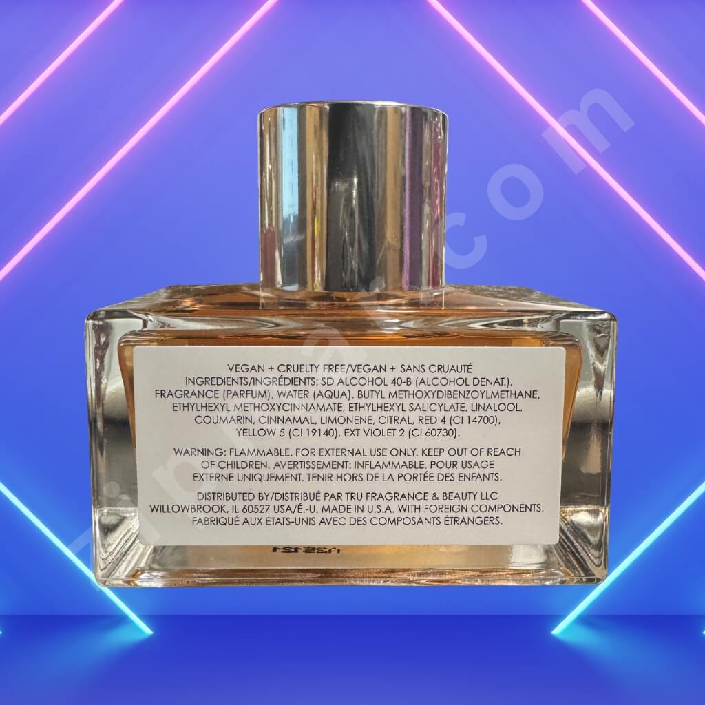 Perfume bottle with label on a blue and pink neon light background