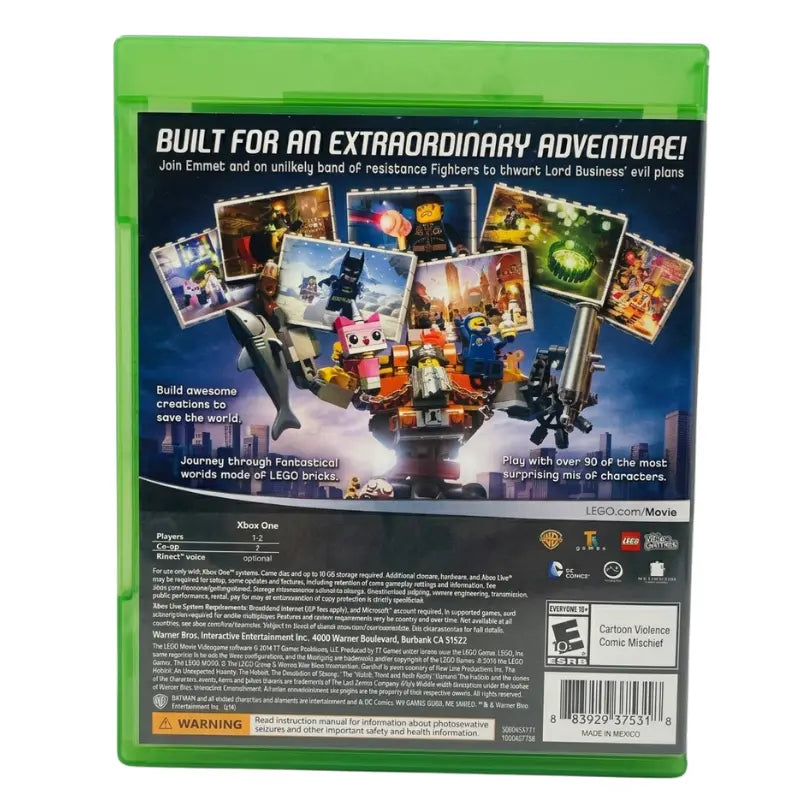 The LEGO Movie Videogame Xbox One back cover showing features co-op play E10 rating and Warner Bros branding