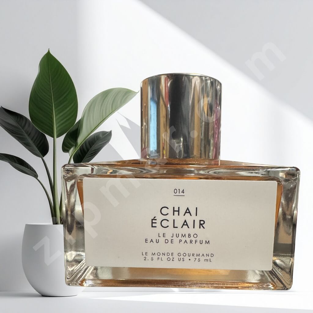 Chai Eclair perfume bottle with a plant in the background