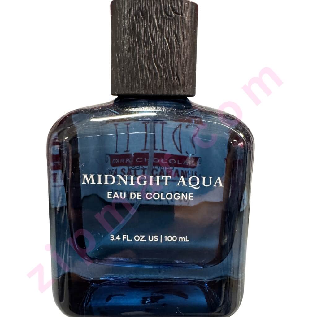 Blue cologne bottle labeled 'Midnight Aqua' with a wooden cap on a white background.