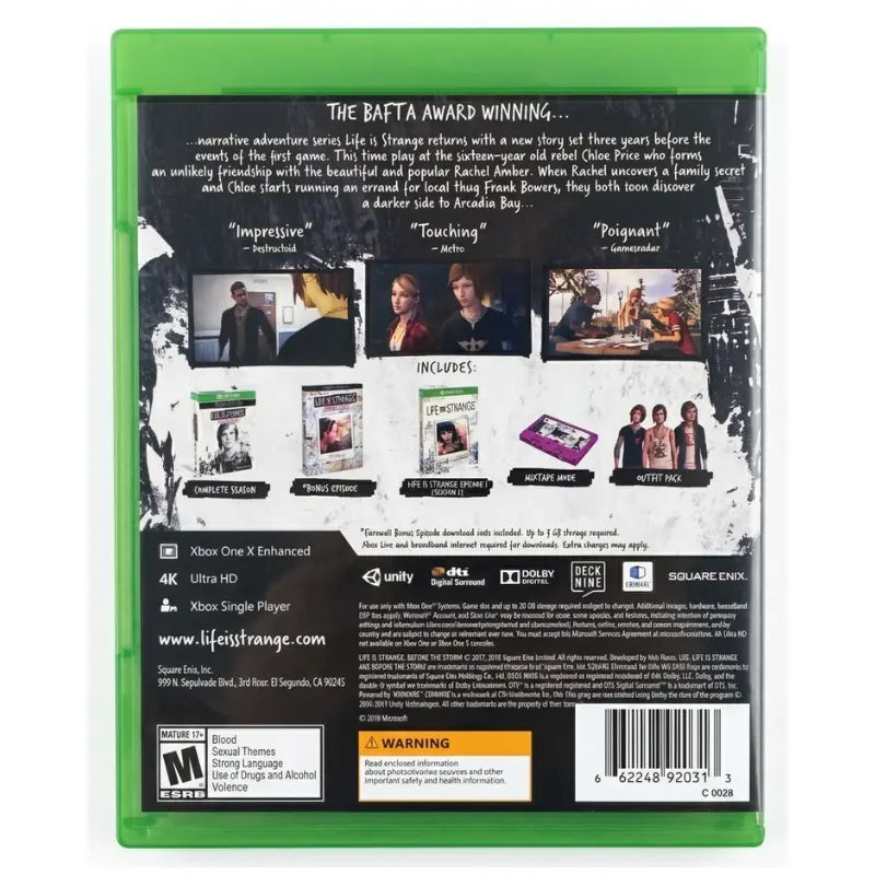 Life Is Strange Before the Storm Xbox Back Cover with game details and features.
