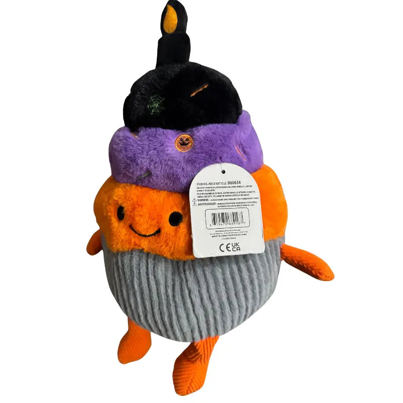 Back view of Linzy Toys Halloween Candle Cupcake plush displaying barcode tag (UPC 819470689167)