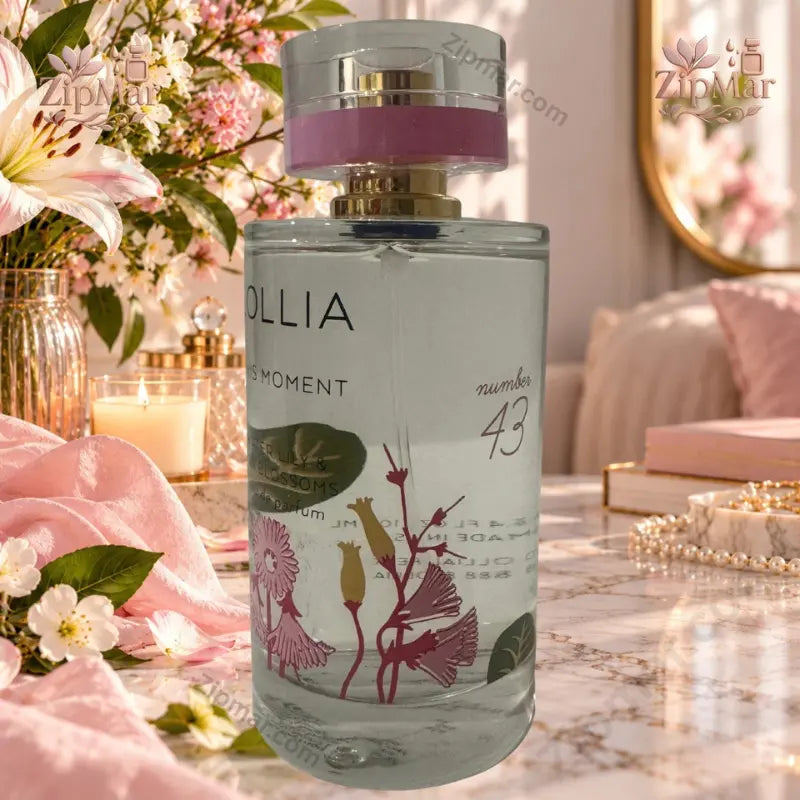 Lollia This Moment No. 43 EDP cylindrical bottle side view with pink botanical illustration