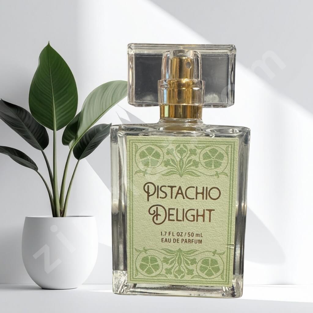 Perfume bottle labeled 'Pistachio Delight' with decorative design on a light background