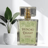 Thumbnail for Perfume bottle labeled 'Pistachio Delight' with decorative design on a light background