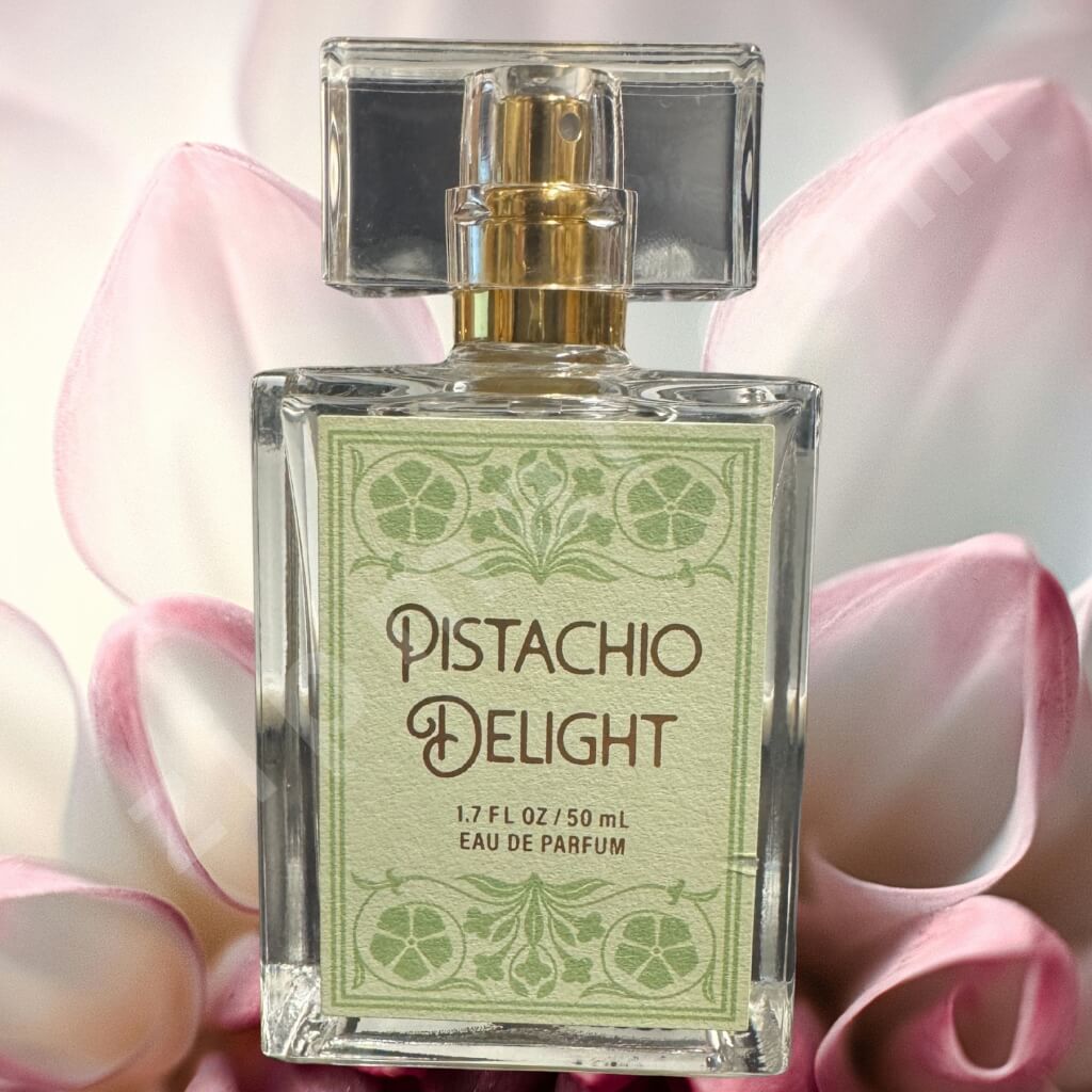 Perfume bottle labeled 'Pistachio Delight' with pink flowers in the background