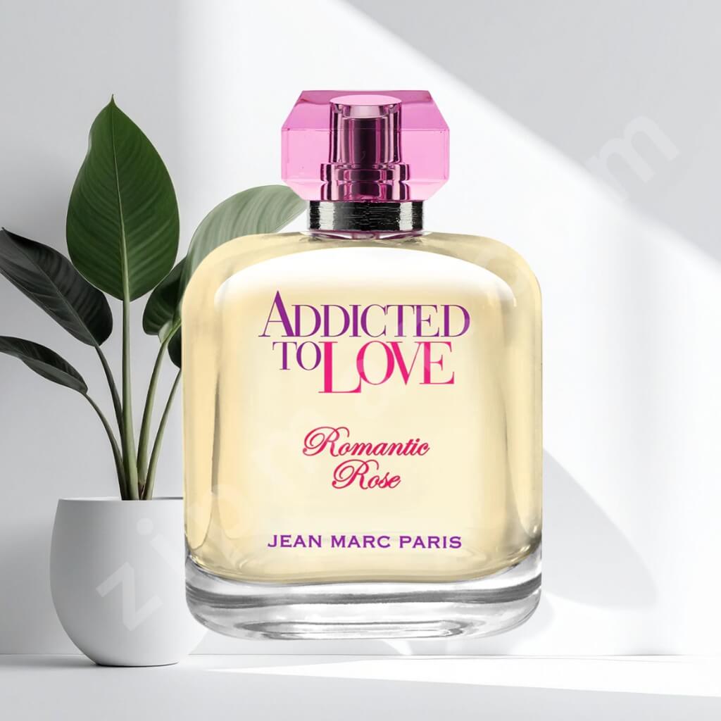 Perfume bottle labeled 'Addicted to Love Romantic Rose' by Jean Marc Paris on a white background with a plant.