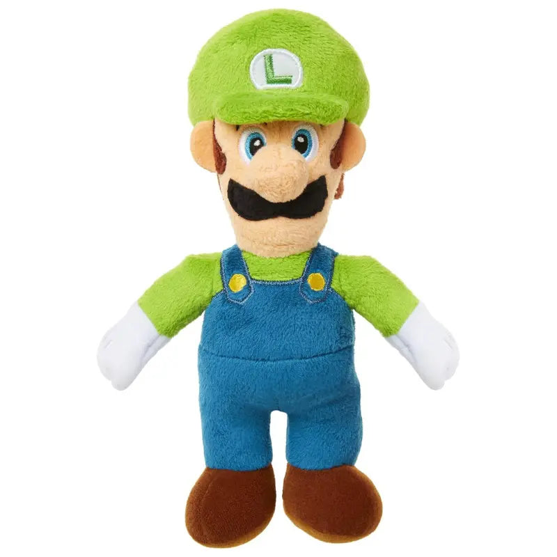 Front view of Luigi Super Mario plush toy in green hat and blue overalls.