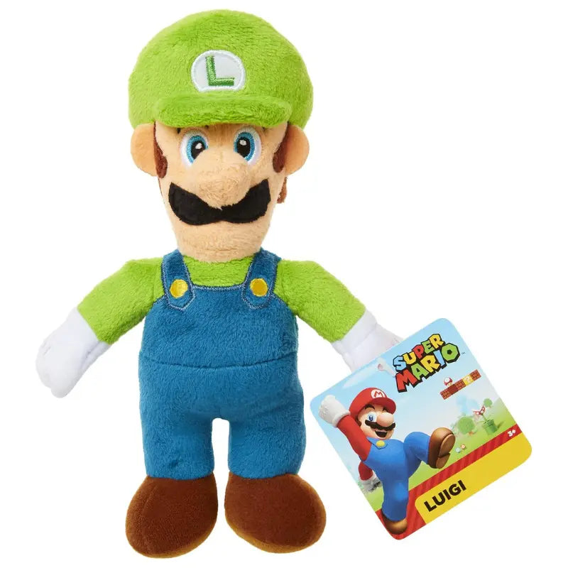 Luigi collectible plush with official Super Mario Jakks Pacific branding tag.