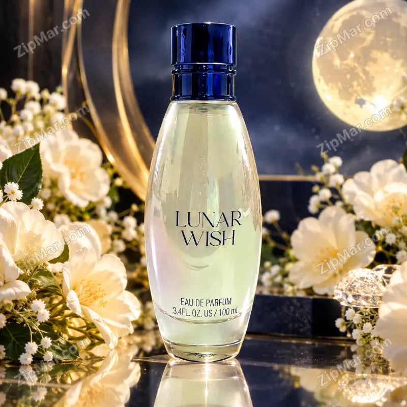 Lunar Wish Eau de Parfum 3.4 fl oz 100 mL oval glass bottle with navy cap beside white flowers and a full moon