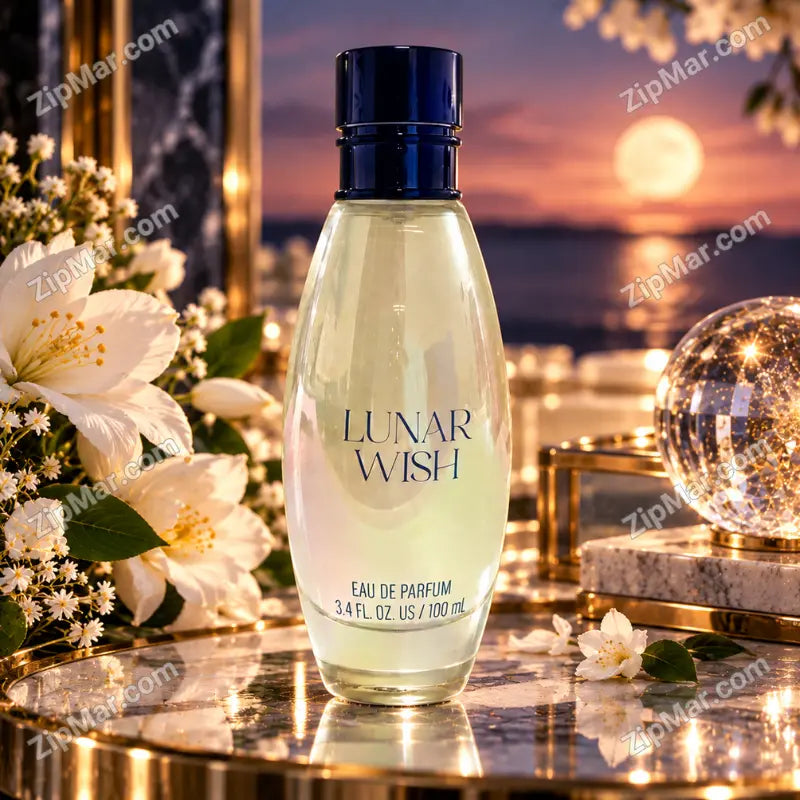Lunar Wish Eau de Parfum 3.4 fl oz 100 mL oval glass bottle with navy cap and navy lettering at sunset