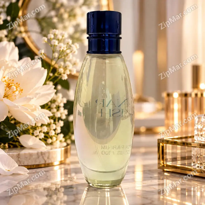 Lunar Wish Eau de Parfum oval glass bottle with navy cap on a marble tray beside white flowers