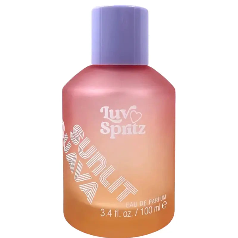 Luv Spritz Sunlit Guava Eau de Parfum 3.4 fl oz bottle featuring gradient pink to orange glass and purple cap