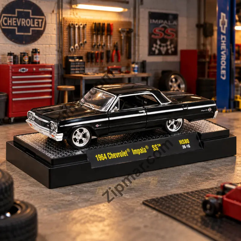 Black M2 Machines 1964 Chevrolet Impala SS 1:64 diecast car on its black display base with HS80 label