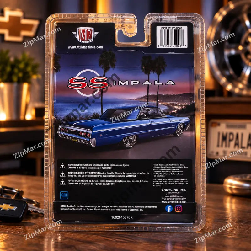 Back of M2 Machines 1964 Chevrolet Impala SS card with 1:64 scale details, warnings, Castline credit and barcode