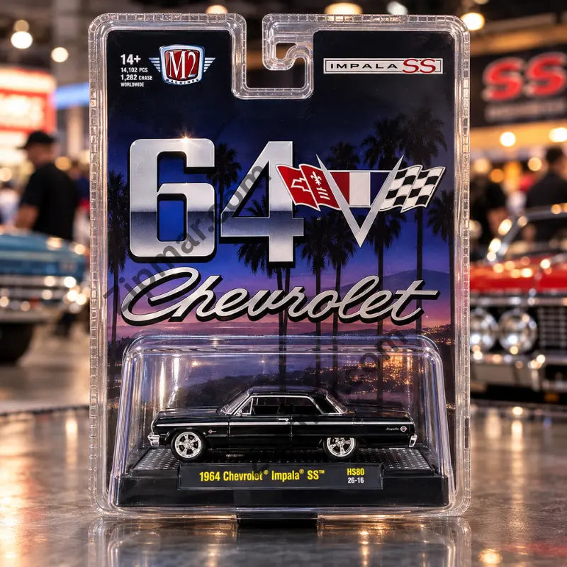 Front of M2 Machines 64 Chevrolet Impala SS collector card with black 1:64 diecast car, ages 14 plus