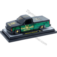 Thumbnail for Rear three quarter view of green and black M2 Machines Alice Cooper 1990 Chevrolet C1500 Silverado 1:24 diecast truck