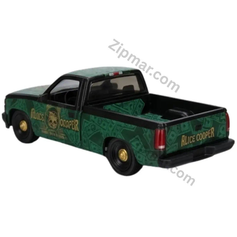Side view of M2 Machines Alice Cooper One Billion 1990 Chevrolet C1500 Silverado diecast with green dollar bill graphics