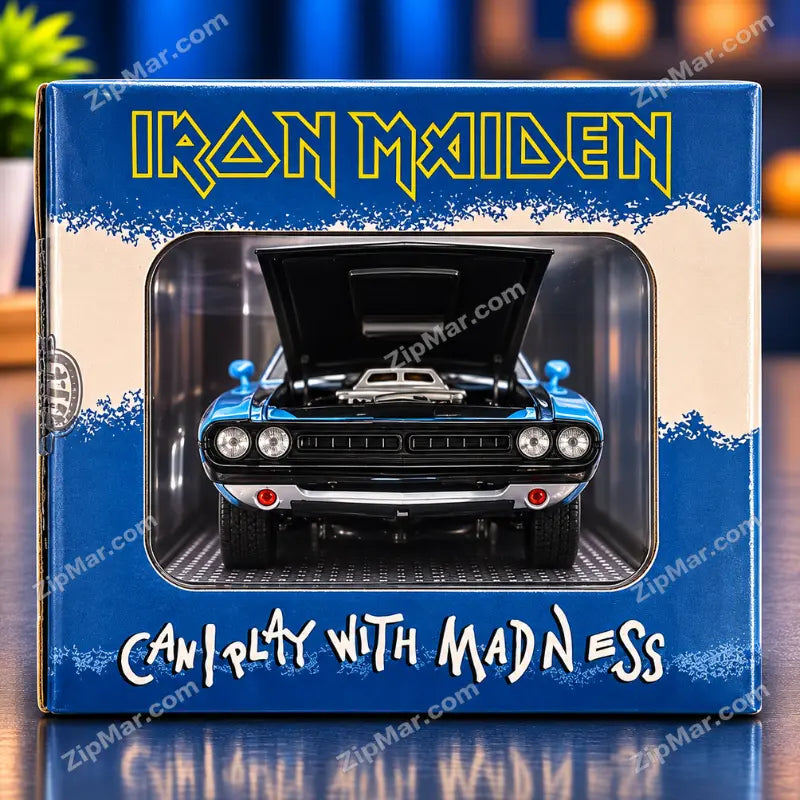 End of M2 Machines Iron Maiden box with window showing the open hood and front of the Challenger