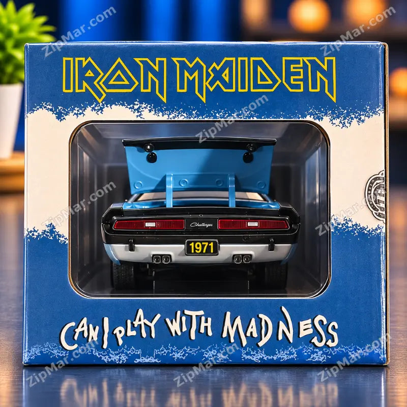 End of M2 Machines Iron Maiden Can I Play With Madness box with window showing the rear of the Challenger and 1971 plate