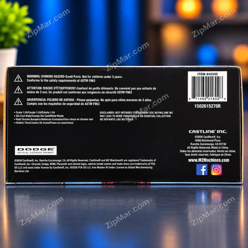 Side of M2 Machines Iron Maiden box with warnings, features list, Dodge licensing, item number 40300 and barcode