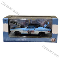 Thumbnail for M2 Machines Iron Maiden 1971 Dodge Challenger R/T HEMI 1:24 diecast in blue window box with hood and trunk open