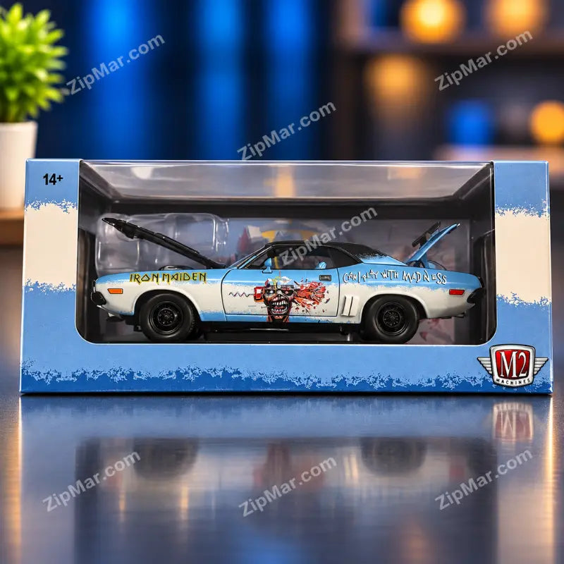M2 Machines Iron Maiden 1971 Dodge Challenger R/T HEMI 1:24 diecast in blue window box with hood and trunk open