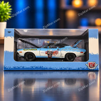 Thumbnail for M2 Machines Iron Maiden 1971 Dodge Challenger R/T HEMI 1:24 diecast in blue window box with hood and trunk open