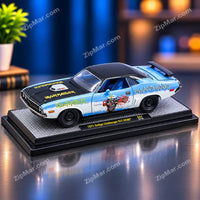 Thumbnail for Light blue and white M2 Machines Iron Maiden 1971 Dodge Challenger R/T HEMI 1:24 diecast on display base with nameplate