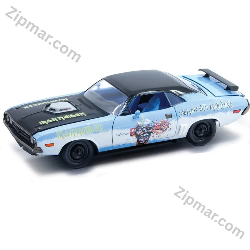Light blue and white M2 Machines Iron Maiden 1971 Dodge Challenger R/T HEMI 1:24 diecast with black roof and rear wing
