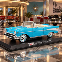 Thumbnail for Maisto 1:18 1957 Chevrolet Bel Air convertible on black display base with name plaque