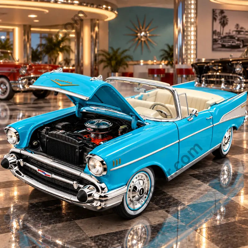 Turquoise Maisto 1957 Chevrolet Bel Air convertible diecast model, front view with hood open
