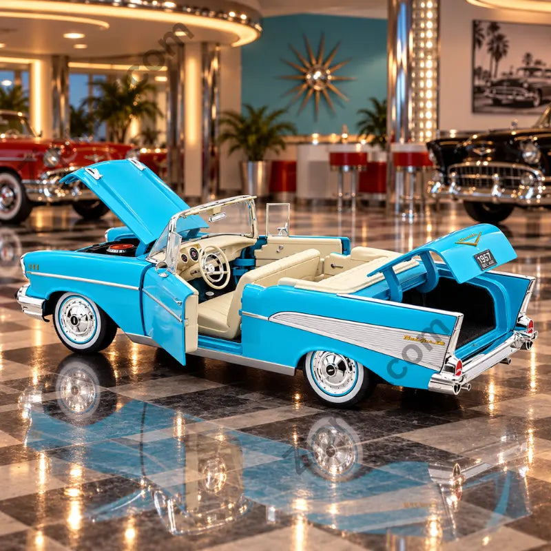 Maisto 1957 Chevrolet Bel Air convertible model with door and trunk open showing cream interior